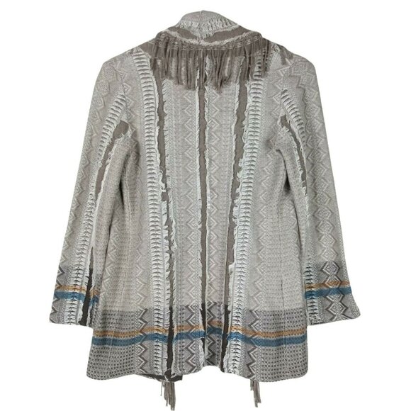 Nic + Zoe Open Fringe Cardigan Sweater SouthWestern Aztec Design Beige PP 2P - Picture 4 of 12